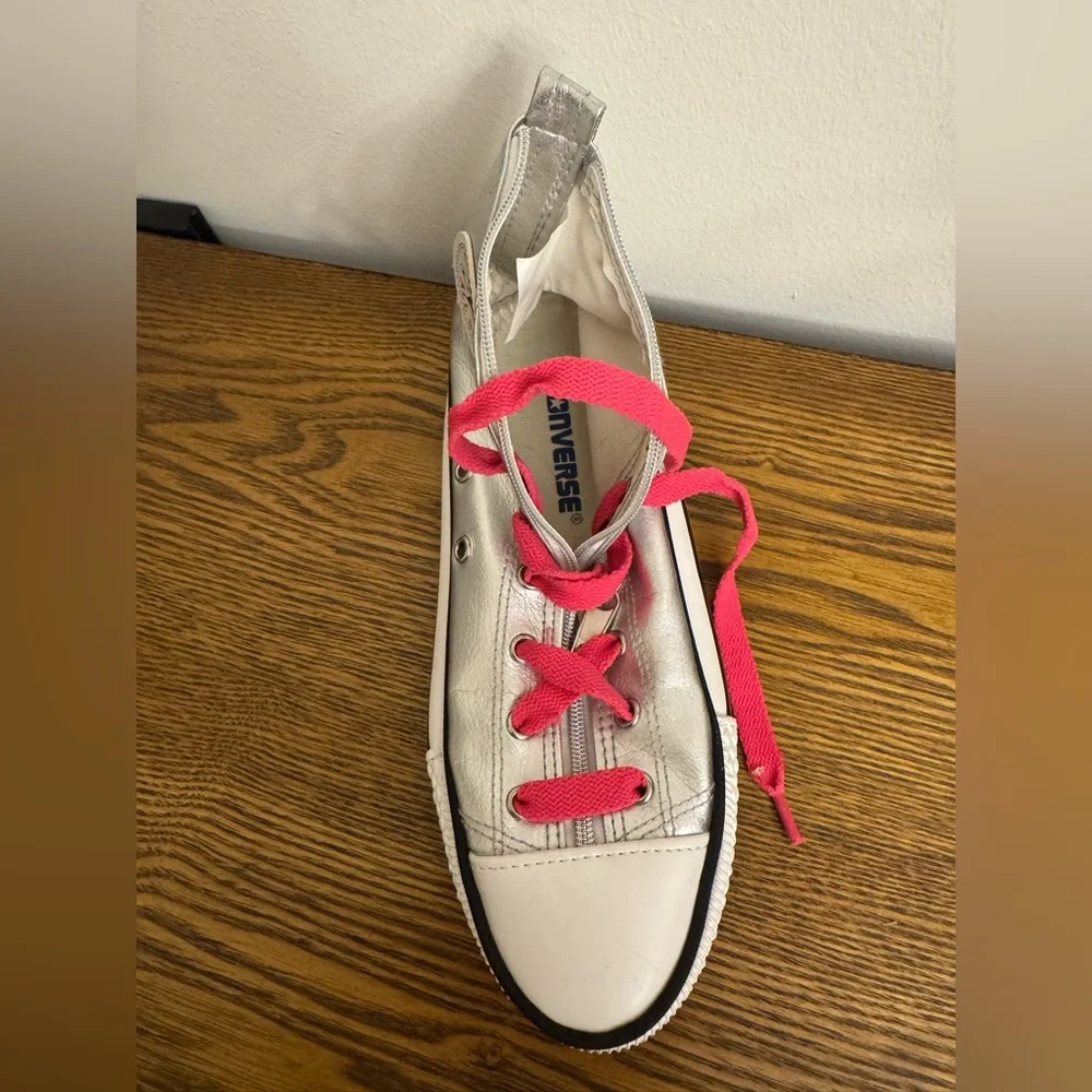 Converse Metallic Silver High-Top with Pink Accents shoe shaped pencil case. EUC